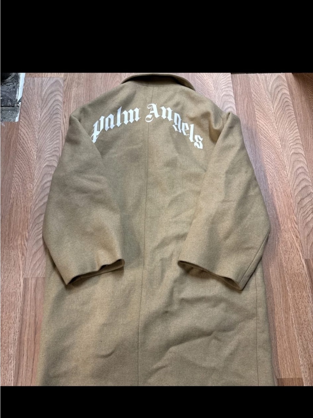 Palm Angels Camel Wool Pea Coat with White Back Logo